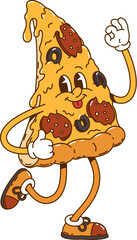 Cartoon retro groovy pizza character. Fast food meal groovy funny character, 60s happy salami pizza personage or vintage cheerful food isolated vector sticker or hippie cute mascot