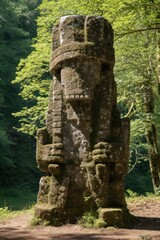 Mysterious stone carving in lush forest