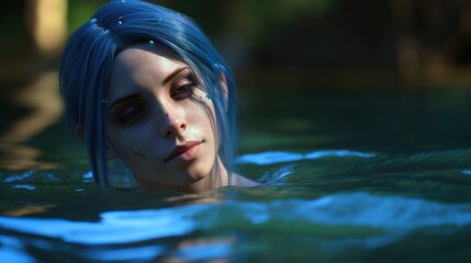 Mysterious woman with blue hair in water - obrazy, fototapety, plakaty