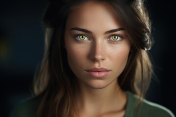 Intense gaze of a young woman with striking green eyes - obrazy, fototapety, plakaty