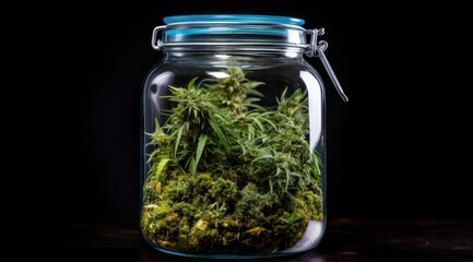 Marijuana plant in glass jar - obrazy, fototapety, plakaty