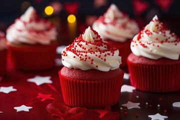 Festive red velvet cupcakes with white frosting and sprinkles - obrazy, fototapety, plakaty