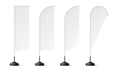 Realistic beach flags, white banner stand isolated 3d vector mockup. Rectangular, feather and tear-drop shaped blank canvas for showcasing branding identity and messages in outdoor seaside setting