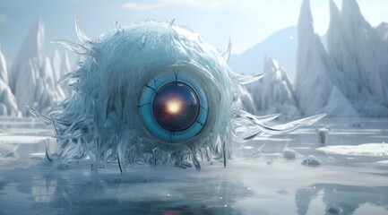Mysterious Icy Creature in Frozen Landscape - obrazy, fototapety, plakaty