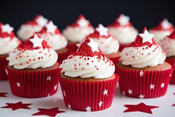 Festive red and white cupcakes with star decorations - obrazy, fototapety, plakaty