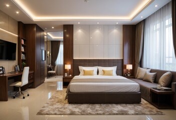 Fototapeta premium The interior bedroom features a designated area for work or study, blending comfort with functionality