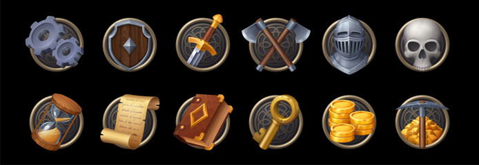 Game asset icons. Shield, sword, golden money coins, magic or spell book. Gold nuggets with pickaxe and scroll, hourglass, knight armor, skull and cogwheels, crossed axes and key Cartoon ui elements