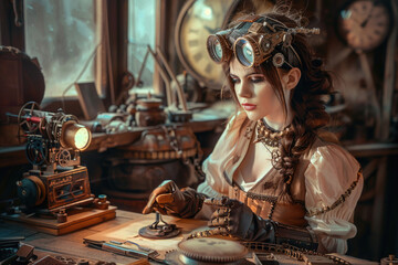 A young woman in steampunk attire, tinkering with clockwork gadgets in her workshop