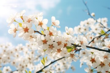 Blooming cherry blossoms against a blue sky