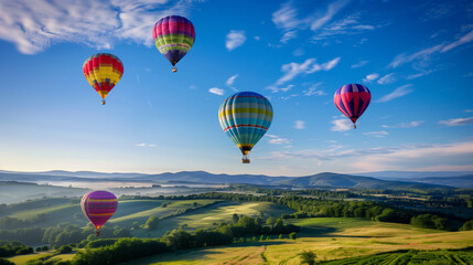 Fototapeta premium A group of hot air balloons are flying in the sky above a field of yellow flowers. The balloons are of different colors and sizes, creating a vibrant and lively scene. The sky is clear and blue