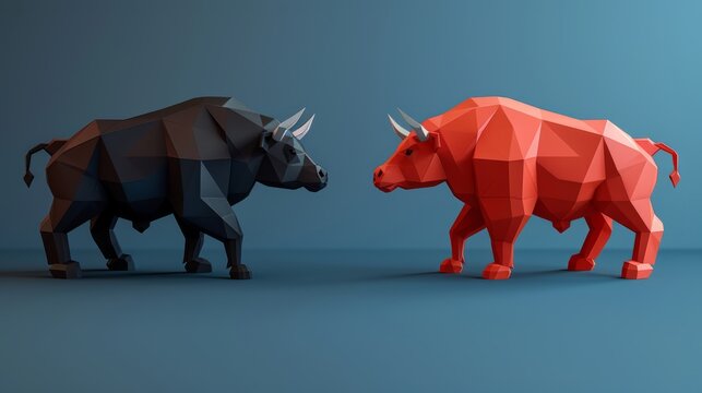 A red and black bull facing off against each other.
