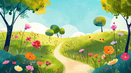 A cheerful path invites exploration in this open meadow brimming with colorful blooms.