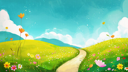 A vibrant path winds through a colorful meadow filled with flowers in this minimalist children's book illustration. 