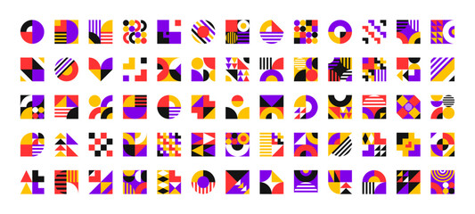 Abstract square geometric pattern. Vector vibrant ornaments with bold colors, squares, circles, triangle figures and clean lines. Striking mosaic blocks and modern visual creative composition elements