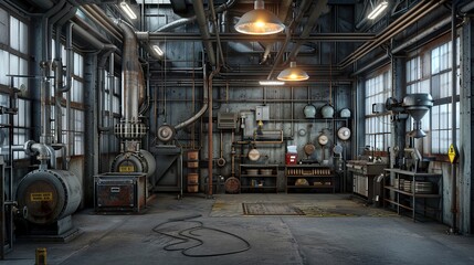 Metal Pipe-Filled Industrial Workshop for Production Stock. copy space for text. - obrazy, fototapety, plakaty