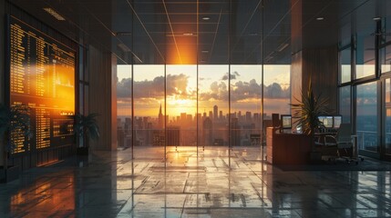 An empty modern office space with a large glass window looking out over a city at sunset.