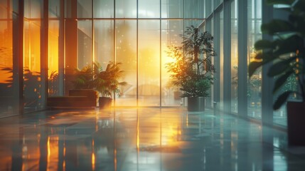 An empty modern office space with large windows and a beautiful sunset.