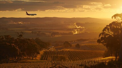 Commercial passenger plane soaring high in vibrant sunset sky over exquisite vineyard