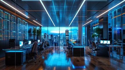 An empty office space with a view of the city at night. The office is decorated with blue and white lights, and there are several computers on the desks.
