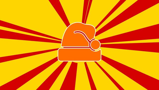 Santa claus hat symbol on the background of animation from moving rays of the sun. Large orange symbol increases slightly. Seamless looped 4k animation on yellow background