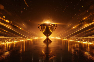 Golden trophy centered in a hall of radiant light beams and sparkles on reflective surface - obrazy, fototapety, plakaty