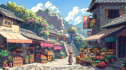Obraz premium Pixel Art Scene with Tiny Animated Characters Interacting in a Digital World