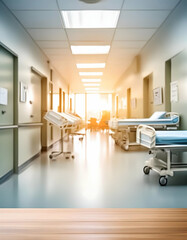 Hyper-realistic wallpaper of blurred hospital, interior of hospital 