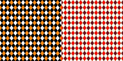Harlequin patterns, rhombus lozenge pattern. Vector seamless ornaments in circus style with diamond-shaped motifs in contrasting colors. Repetitive tile design, print, carnival costume texture