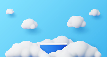 Kids podium with white fluffy clouds. Round blue and white stage. 3d vector platform or pedestal render mockup for children products displaying. Cloudy studio sky showcase background for presentation