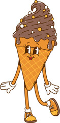 Cartoon retro groovy ice cream character. Groovy chocolate ice cream in waffle cone cute female character or retro personage. Sweet frozen dessert isolated vector funny mascot
