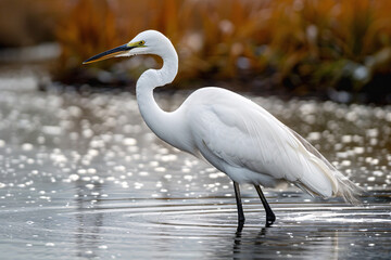 Naklejka premium White egret standing in water with a soft focus on reeds in the background