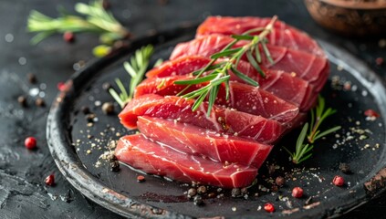 Sliced raw tuna fillet on a dark background with rosemary and pepper - obrazy, fototapety, plakaty