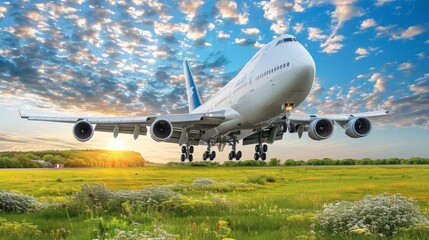 Commercial airliner soaring high in beautiful orange sunset sky at high altitude