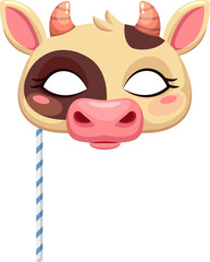 Cow animal carnival party mask. Festival or birthday costume. Decorative playful face of farm calf with ears, nose, horns and eye holes. Isolated vector kine head on stick for festive celebrations