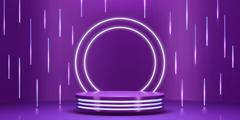 3d purple violet neon light product podium stage. Realistic vector illuminated pedestal, glow scene for cosmetics presentation, fashion show or performance with glowing lights and ring frame or ramp