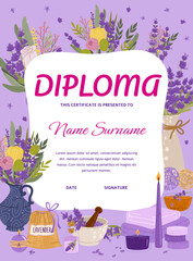 Diploma certificate with lavender cosmetics products. Beauty and skincare education and graduation document for professional in cosmetology and health care. Vertical vector template with lavender
