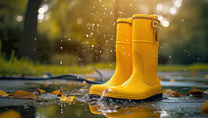 Rubber yellow boots and rain. Dirty shoes. Horizontal photo. Fall and seasonal bad weather.