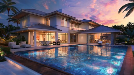 New Contemporary Style Luxury Home Exterior at Twilight, swimming pool at home. copy space for text.