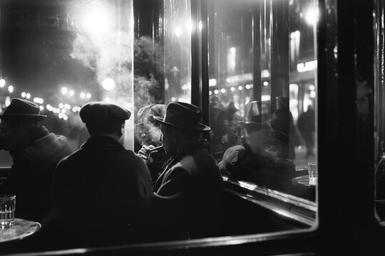 A black and white photo that looks like it was taken of people having a conversation in a cafe in Paris in the 1920s.