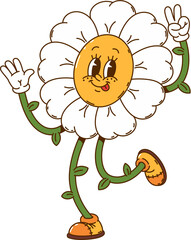 Cartoon retro groovy daisy flower character. Groovy funny chamomile personage sticker, retro cute flower isolated vector mascot or cheerful character. Daisy happy personage shoving victory hand sign