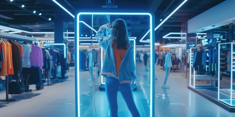 Skilled people using VR headset to connect in metaverse shopping mall and choosing product. Smart people walking in simulated shopping center while using visual reality goggles. Innovation. AIG42.