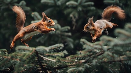 Red squirrels chasing each other around a pine tree, playful 4K wallpaper