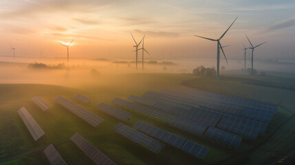 Aerial view of solar energy fields and wind turbines enveloped in fog on a spring morning, showcasing the integration of renewable energy technologies into the natural landscape.
