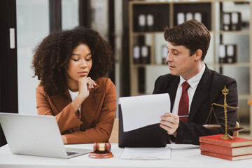 Lawyer or judge consult, Two female lawyers discussing about contract and agreement concept.