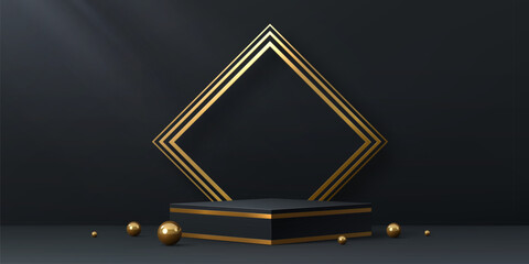 Gold black podium. Cube pedestal stage with golden glow pearls and rhombus frame, realistic 3d vector mockup. Square platform for product presentation in studio. Background with rectangular stand