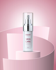 Skin care product pink podium stage. Vector beauty and make up production realistic bottle mockup on pedestal with modern curve decor. Brand promotion or advertising with cream, milk or gel spray tube