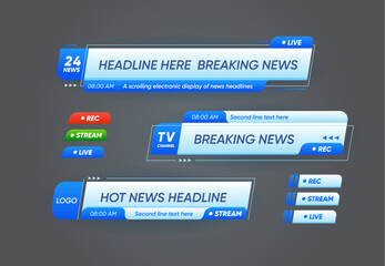 Lower third header banners for breaking news and TV live broadcast bars, vector templates. Lower third header banners with screen headline, channel frames with live stream recording for news
