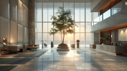 Modern hotel lobby with large windows and a tree in the center