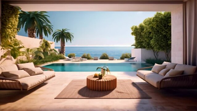 Modern open plan lounge patio close to the pool and ocean in background on one side behind the wall, lounge suite.