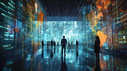 People standing in a room looking at a large screen with a map of the world and data.